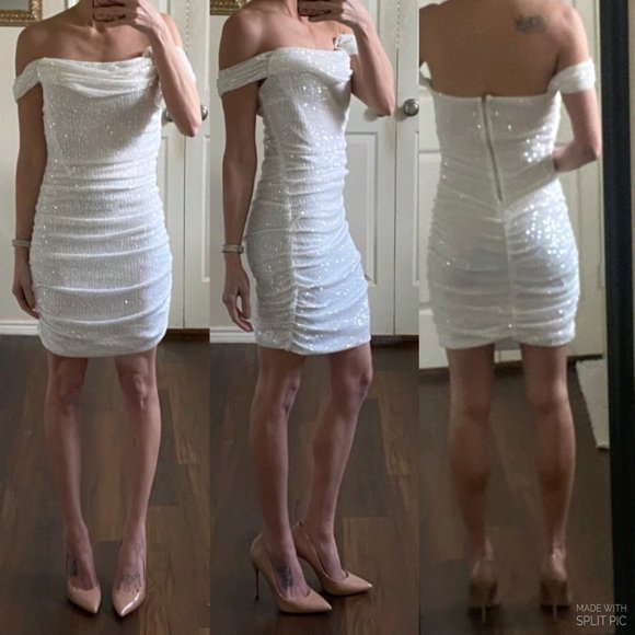 Love & Lemonade Dresses & Skirts - Love & Lemonade white sequin ruched mini bodycon cocktail homecoming dress